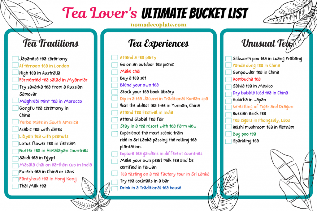 Tea lover's Ultimate bucket list, including tea tradition around the world, tea experiences and unusual tea you can try!