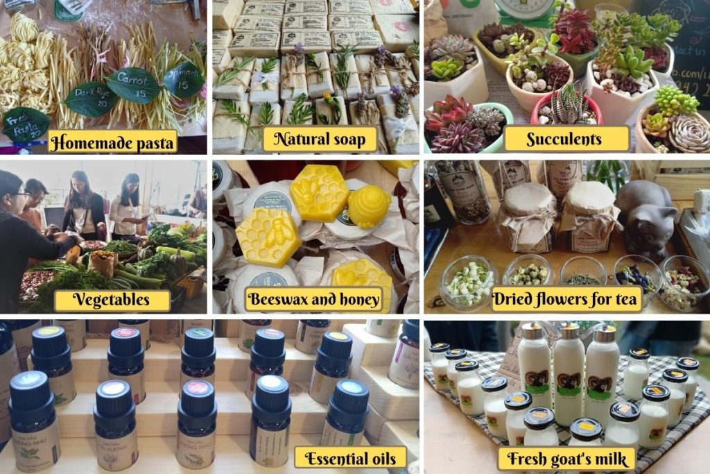 Agricultural products, essential oils, succulents, natural soap, fresh goat's milk, and home made past sold at the organic farmer's market in Dalat 